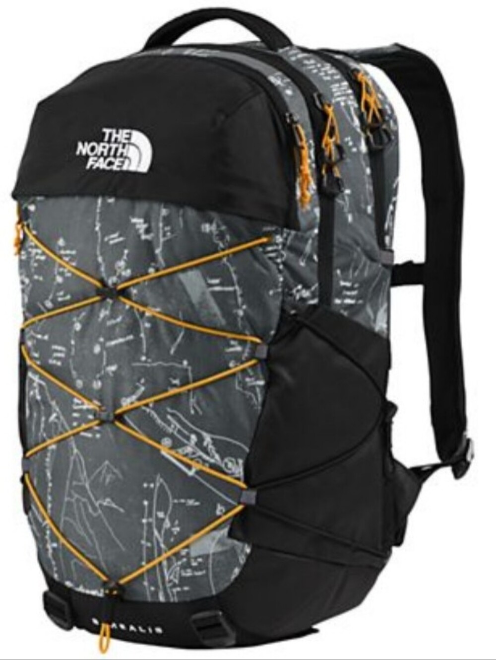 The North Face Borealis Anthracite Grey Backpack with Yellow Bungee Accents